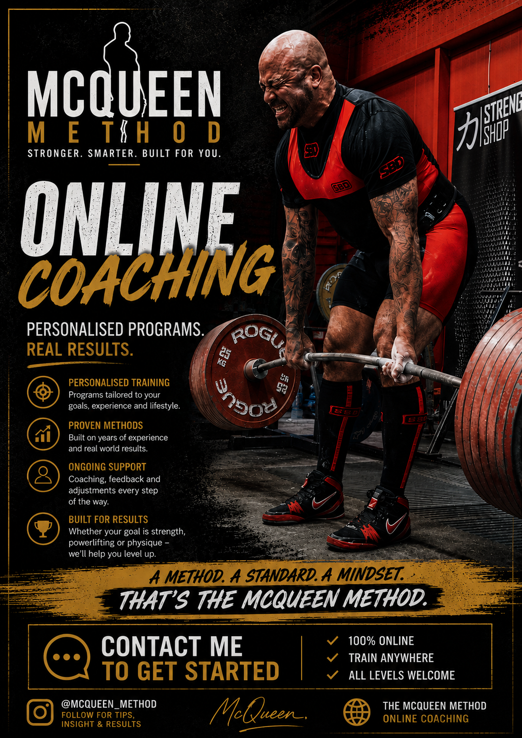 Powerlifter deadlifting in a red and black strength gym